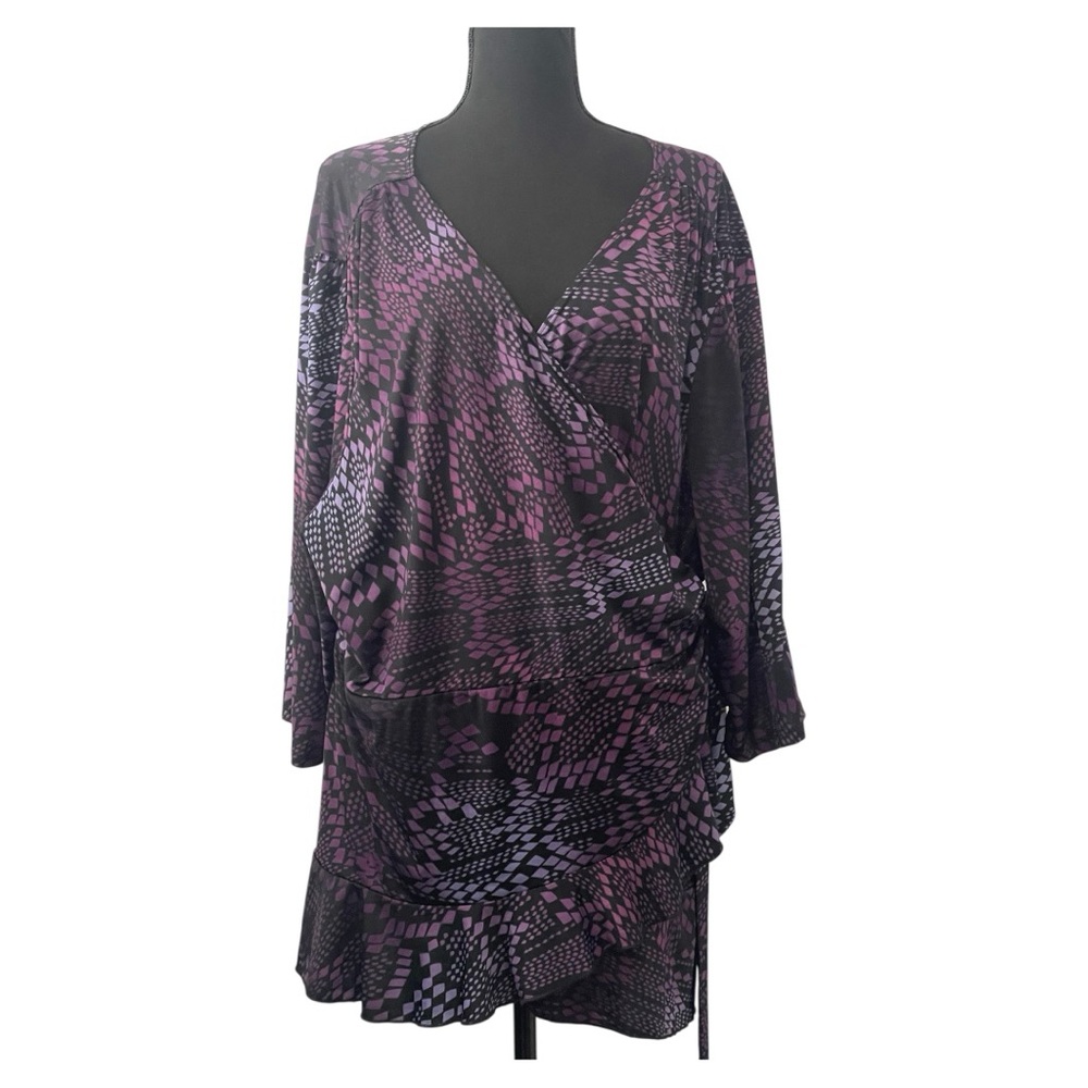 Kiyonna Purple and Black Patterned Wrap Blouse.